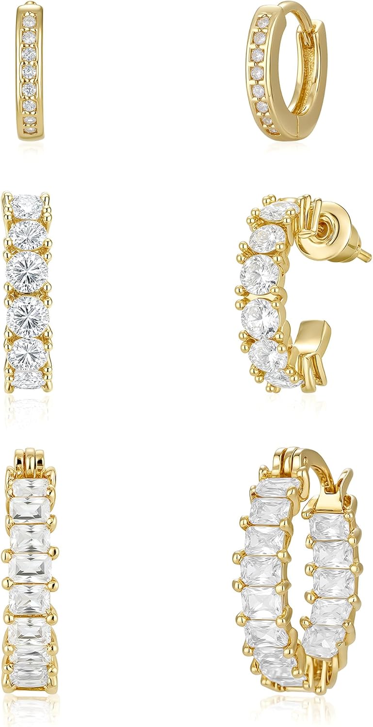 Rotnso Gold Hoop Earrings Set for Women Trendy, 14K Gold Plated Chunky Hypoallergenic Small Diamond Cartilage Hoops Cute Cubic Zirconia Dangle Stud Earrings Jewelry Gifts - Image 1